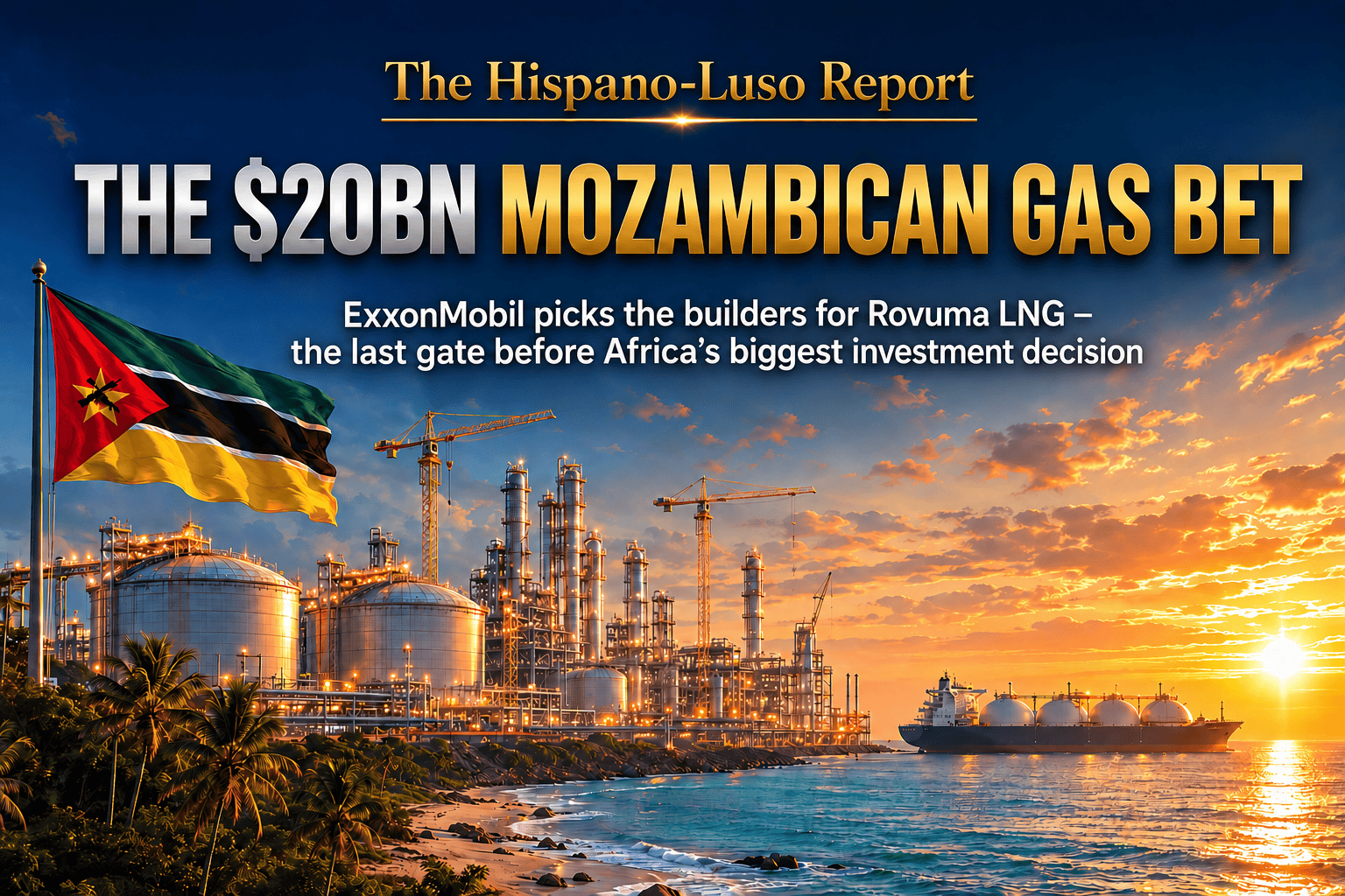 Illustration of LNG liquefaction trains rising over the Indian Ocean at dawn on Mozambique's northern coast with a golden light stream arriving from the horizon — Rovuma LNG Mozambique project, The Hispano-Luso Report