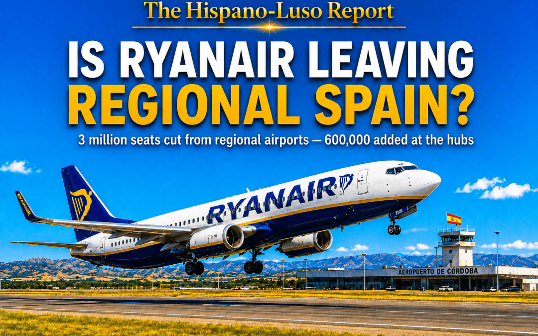 Illustration of a Ryanair passenger jet lifting off a regional Spanish runway in bright summer light, a small terminal and a Spanish flag in the distance — Ryanair regional Spain seat cuts, The Hispano-Luso Report