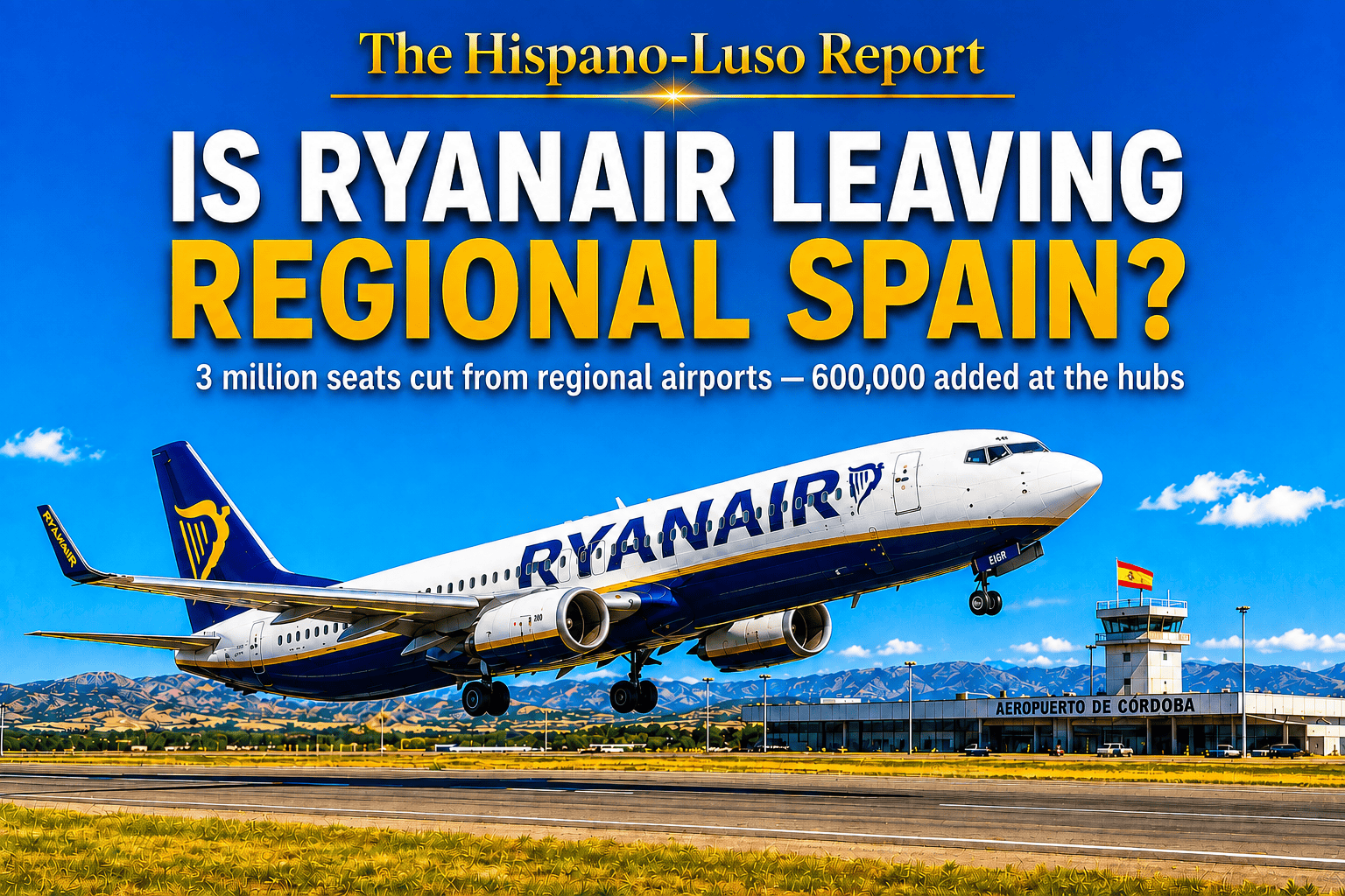 ryanair-leaving-regional-spain Illustration of a Ryanair passenger jet lifting off a regional Spanish runway in bright summer light, a small terminal and a Spanish flag in the distance — Ryanair regional Spain seat cuts, The Hispano-Luso Report