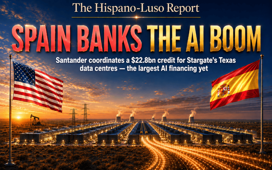 Illustration of a vast Texas data-centre campus at dusk fed by golden streams of light, a lone oil pumpjack on the horizon, US and Spanish flags flying — Santander Stargate financing, The Hispano-Luso Report