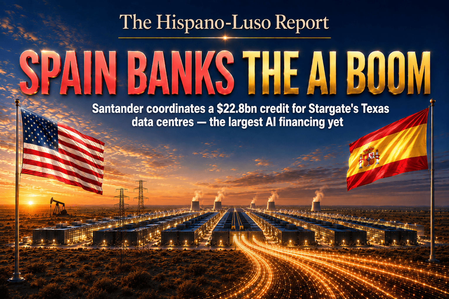 Illustration of a vast Texas data-centre campus at dusk fed by golden streams of light, a lone oil pumpjack on the horizon, US and Spanish flags flying — Santander Stargate financing, The Hispano-Luso Report