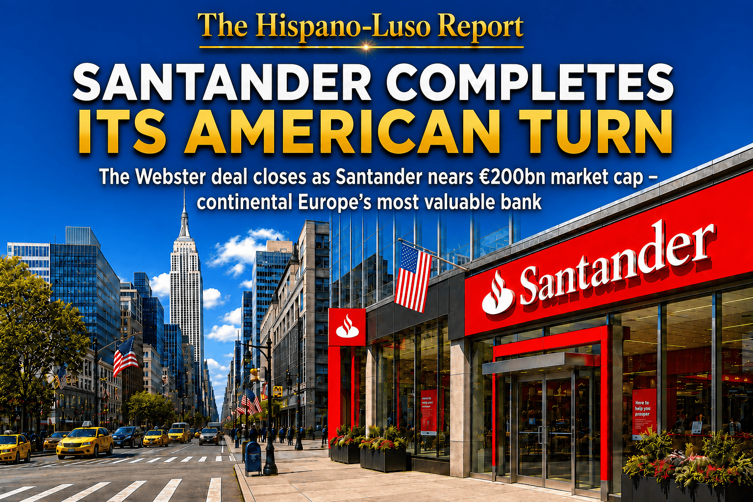santander-webster-acquisition-complete Editorial news cover showing a Santander bank branch on a busy New York City street, with the Empire State Building and American flags in the background. The headline reads “SANTANDER COMPLETES ITS AMERICAN TURN,” with a subheading about the Webster deal and Santander nearing a €200bn market cap.