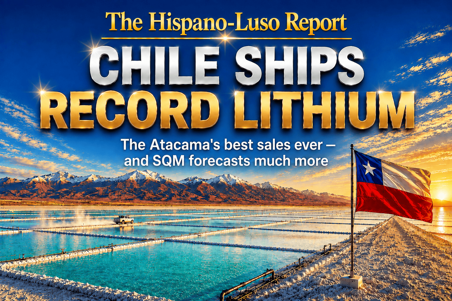 sqm-lithium-record-chile-comeback Illustration of the Atacama salt flat's turquoise and jade lithium evaporation ponds at golden hour, white salt causeways, the Andes rising behind and the Chilean flag flying — SQM lithium record, Chile's comeback, The Hispano-Luso Report