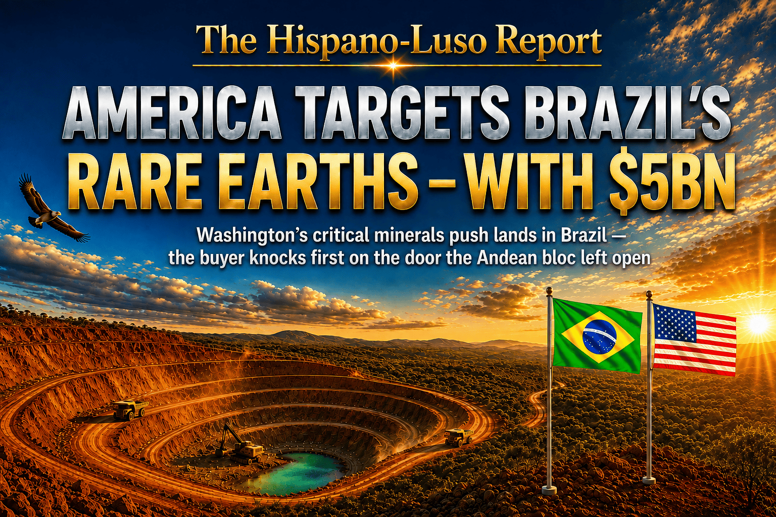 Illustration of a terraced open-cut mine in Brazil's red cerrado earth at golden hour, veins of magenta, violet, emerald and gold light glowing through the rock, a silver thread of light arriving from the horizon, Brazilian and US flags side by side on the pit's rim — US Brazil rare earths $5bn, The Hispano-Luso Report