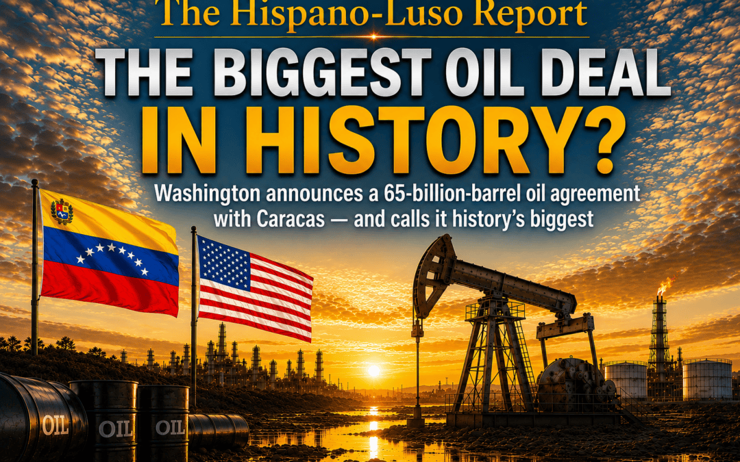 Editorial cover depicting a major US–Venezuela oil agreement, with Venezuelan and US flags beside oil barrels, pumpjacks and a refinery at sunset. Headline reads “THE BIGGEST OIL DEAL IN HISTORY?” with a subtitle about Washington announcing a 65-billion-barrel oil agreement with Caracas.