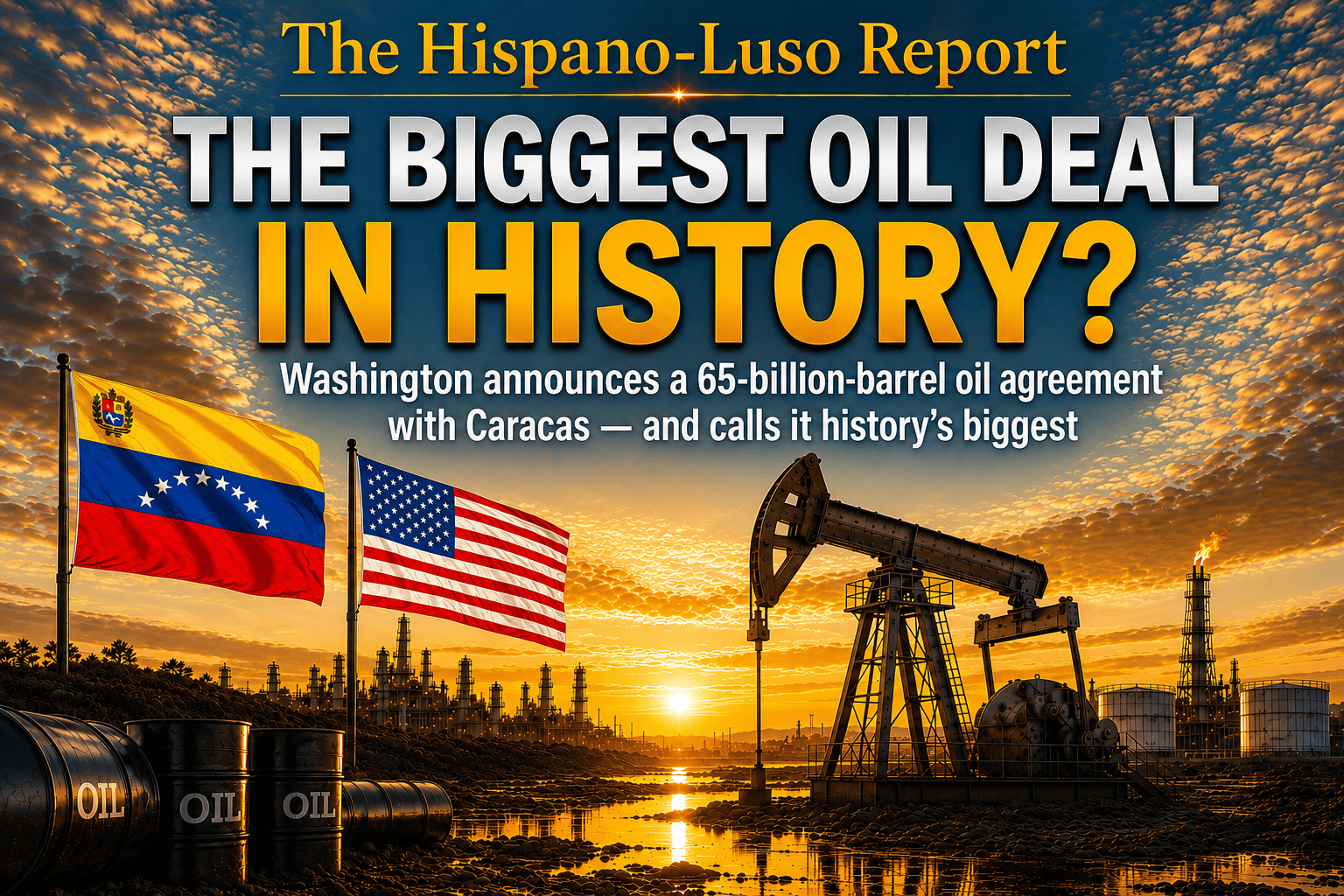 us-venezuela-oil-deal-65-billion-barrels Editorial cover depicting a major US–Venezuela oil agreement, with Venezuelan and US flags beside oil barrels, pumpjacks and a refinery at sunset. Headline reads “THE BIGGEST OIL DEAL IN HISTORY?” with a subtitle about Washington announcing a 65-billion-barrel oil agreement with Caracas.