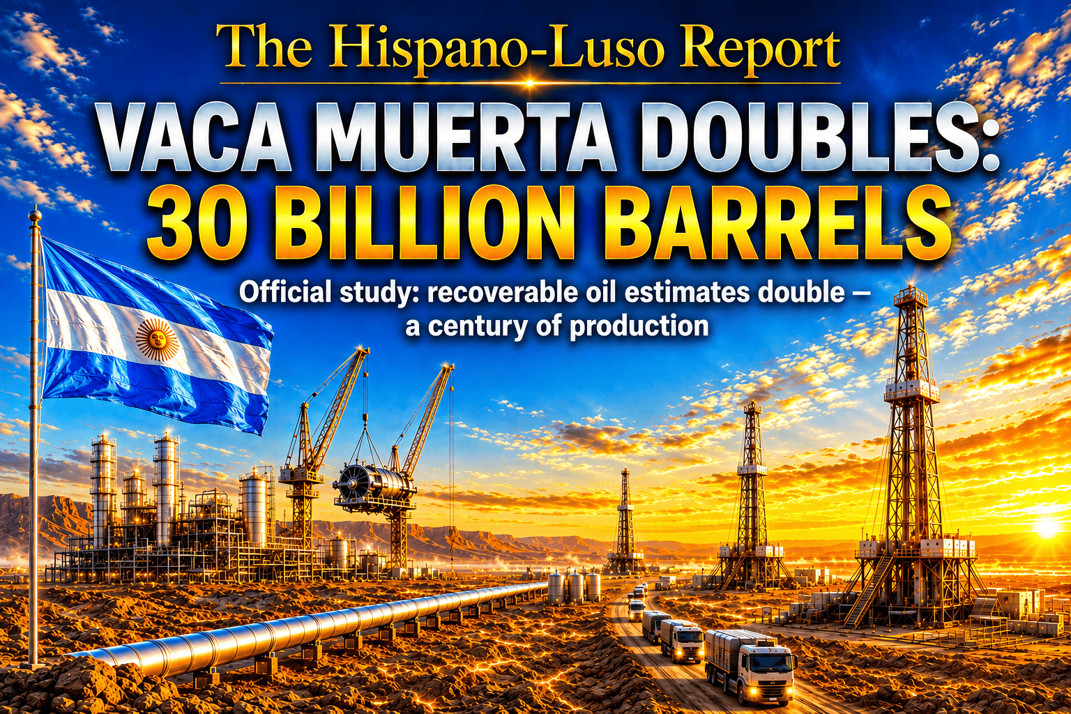 Illustration of Vaca Muerta at golden dawn — drilling rigs, cranes lifting a turbine at a new gas plant, trucks and a silver pipeline crossing the shale plain, golden light glowing through the fractured ground, large Argentine flag flying — Vaca Muerta oil resources double to 30 billion barrels, The Hispano-Luso Report.