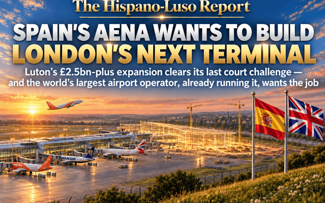 Illustration of a regional English airport at dawn with three jets at the stands, a second terminal rising as a glowing golden blueprint outline beside the real one, cranes waiting, Bedfordshire fields beyond, Spanish and Union flags side by side — Aena Luton airport expansion, The Hispano-Luso Report