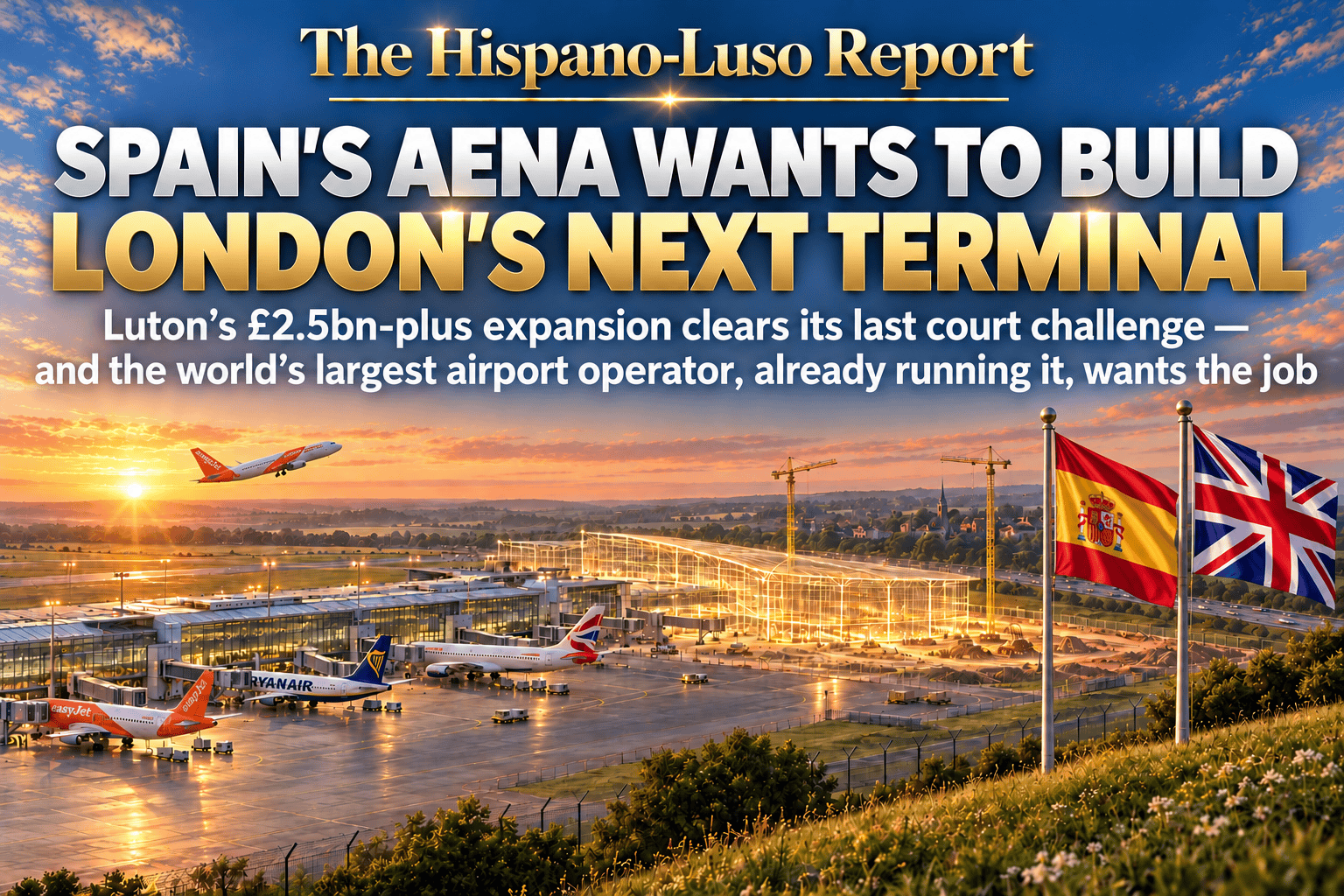 Illustration of a regional English airport at dawn with three jets at the stands, a second terminal rising as a glowing golden blueprint outline beside the real one, cranes waiting, Bedfordshire fields beyond, Spanish and Union flags side by side — Aena Luton airport expansion, The Hispano-Luso Report