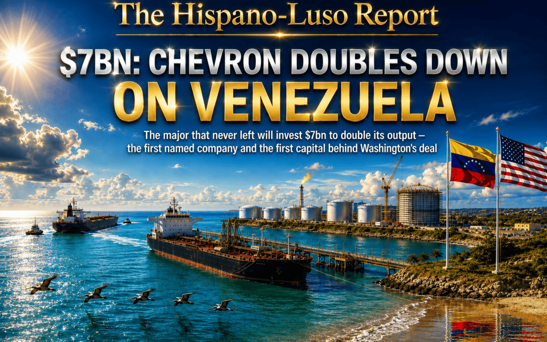 Photographic-style illustration of a Venezuelan Caribbean oil terminal at midday — one crude tanker moored and loading, a second tanker approaching with tugs, a new storage tank under construction on the shore, Venezuelan and US flags side by side on the headland — Chevron $7bn Venezuela investment, The Hispano-Luso Report