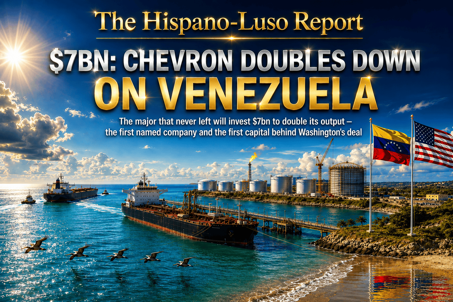Photographic-style illustration of a Venezuelan Caribbean oil terminal at midday — one crude tanker moored and loading, a second tanker approaching with tugs, a new storage tank under construction on the shore, Venezuelan and US flags side by side on the headland — Chevron $7bn Venezuela investment, The Hispano-Luso Report