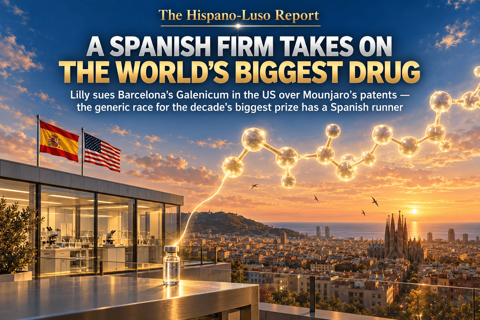 galenicum-lilly-mounjaro-patent-lawsuit Illustration of a single unlabelled glass vial on a rooftop laboratory bench above golden-hour Barcelona, a colossal luminous molecule of light floating in the sky with a thread connecting them, Spanish and US flags on the terrace — Galenicum Lilly Mounjaro patent lawsuit, The Hispano-Luso Report
