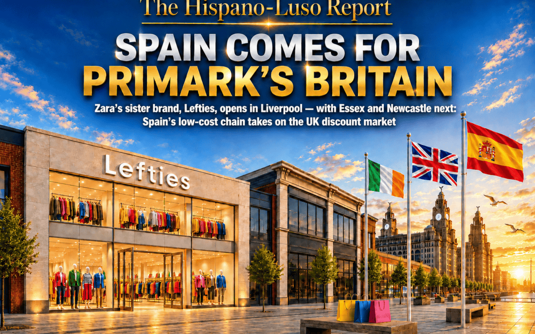 Illustration of a newly opened Lefties store glowing on a Liverpool shopping street at golden hour, faceless mannequins in the window, UK, Irish and Spanish flags on three poles, twin clock towers on the waterfront beyond — Lefties UK launch versus Primark, The Hispano-Luso Report