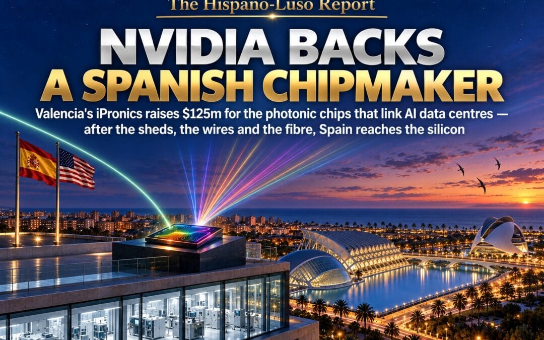 Illustration of a small photonic chip glowing with rainbow waveguides on a rooftop plinth above Valencia's futuristic white architecture at dusk, beams of coloured light rising to the sky, Spanish and US flags on the terrace — Nvidia backs iPronics Spanish photonic chips, The Hispano-Luso Report
