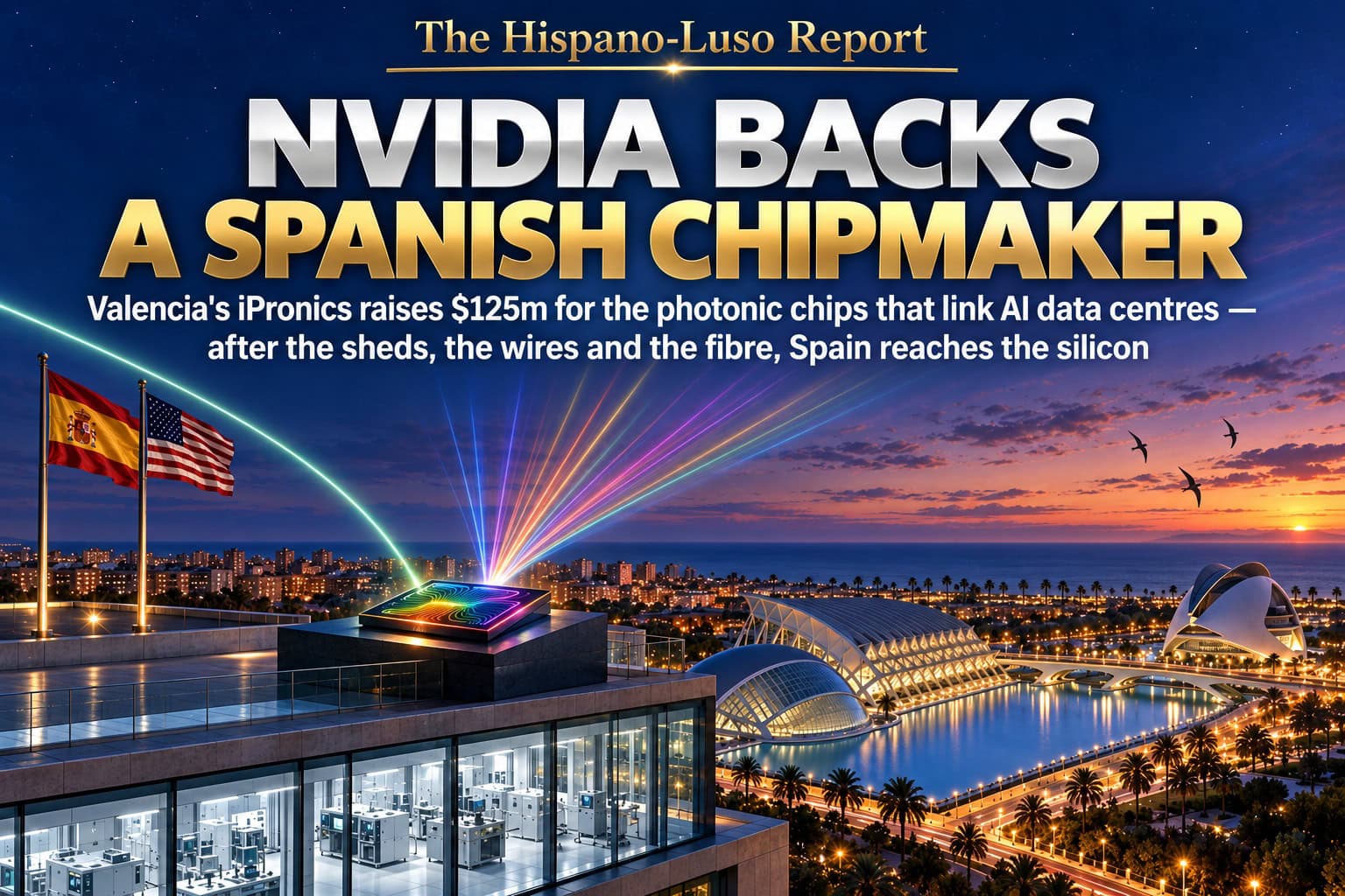 Illustration of a small photonic chip glowing with rainbow waveguides on a rooftop plinth above Valencia's futuristic white architecture at dusk, beams of coloured light rising to the sky, Spanish and US flags on the terrace — Nvidia backs iPronics Spanish photonic chips, The Hispano-Luso Report