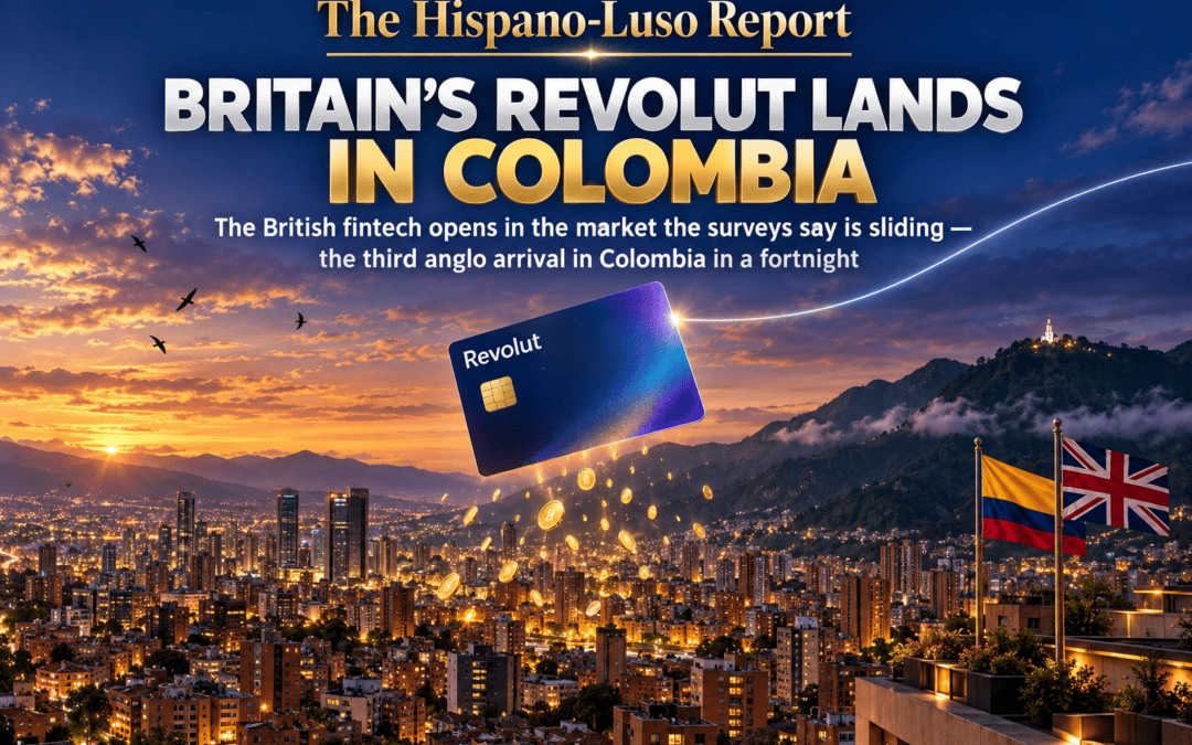 Illustration of a giant iridescent Revolut card floating above Bogotá's red-brick skyline at dusk, the green eastern hills behind, a thread of silver light arriving from the north-east and golden coins drifting down over the rooftops, Colombian and Union flags on a terrace — Revolut Colombia launch, The Hispano-Luso Report