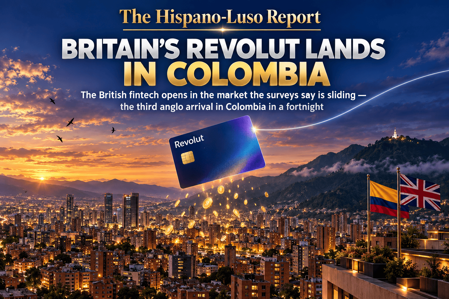 Illustration of a giant iridescent Revolut card floating above Bogotá's red-brick skyline at dusk, the green eastern hills behind, a thread of silver light arriving from the north-east and golden coins drifting down over the rooftops, Colombian and Union flags on a terrace — Revolut Colombia launch, The Hispano-Luso Report