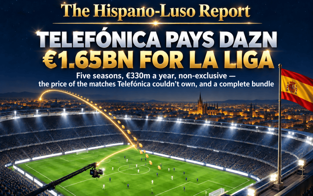 Illustration of a Spanish football stadium at night with the pitch glowing under floodlights, a broadcast camera on its crane and a thread of golden light rising from it into the sky with coins of light returning, plain unbranded kits and blank hoardings, a Spanish flag on the roof rim — Telefónica DAZN LaLiga €1.65bn deal, The Hispano-Luso Report