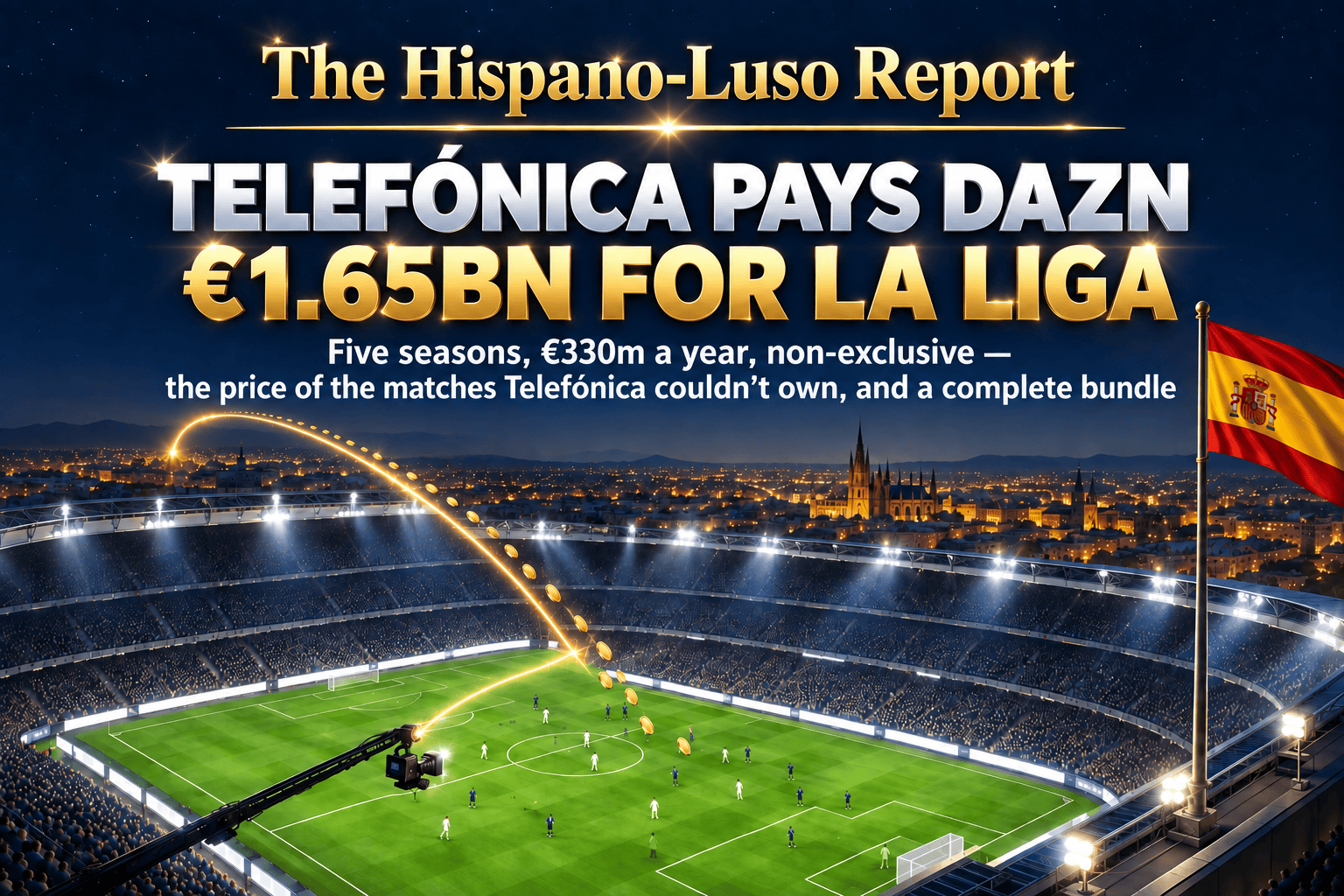 telefonica-dazn-laliga-1-65bn Illustration of a Spanish football stadium at night with the pitch glowing under floodlights, a broadcast camera on its crane and a thread of golden light rising from it into the sky with coins of light returning, plain unbranded kits and blank hoardings, a Spanish flag on the roof rim — Telefónica DAZN LaLiga €1.65bn deal, The Hispano-Luso Report