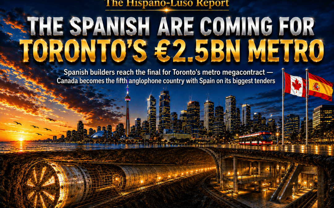 Illustration of a cutaway of Toronto at blue hour, a glowing new subway tunnel and tunnel-boring machine beneath the glass skyline and needle tower, Canadian and Spanish flags on a plaza — Spanish builders in Toronto metro final, The Hispano-Luso Report