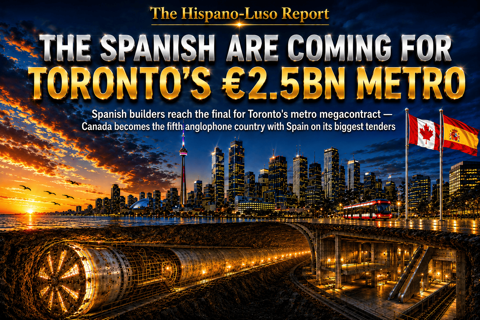 Illustration of a cutaway of Toronto at blue hour, a glowing new subway tunnel and tunnel-boring machine beneath the glass skyline and needle tower, Canadian and Spanish flags on a plaza — Spanish builders in Toronto metro final, The Hispano-Luso Report