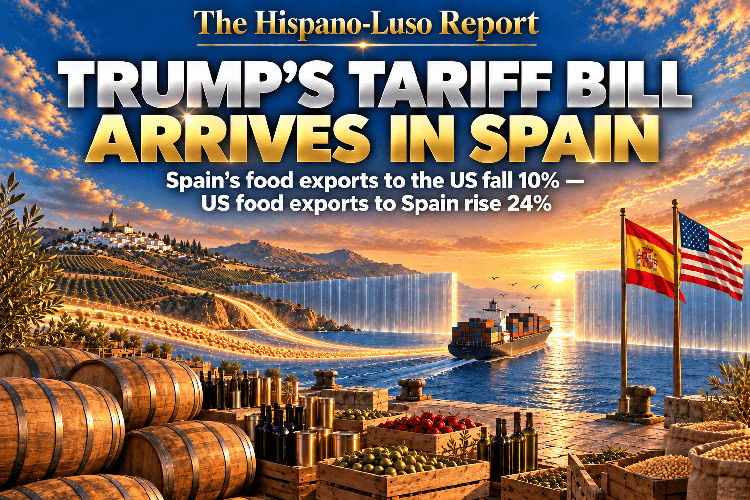 trump-tariffs-spain-food-exports-2025 Illustration of a Spanish port at golden hour with unlabelled wine barrels and olive-oil bottles on the quay, a container ship passing through a narrow gap in a vast translucent wall of grey light offshore, a stream of golden grain flowing the other way, Spanish and US flags on the quay — Spain food exports US tariffs 2025, The Hispano-Luso Report