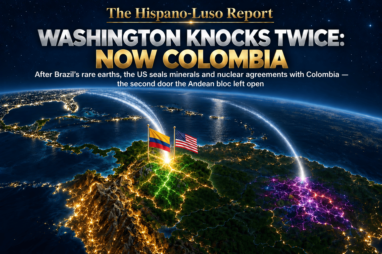 Illustration of a night map of northern South America with a silver current of light arriving from the north at Colombia's Caribbean coast, green-and-gold mineral veins glowing beneath its Andes, Brazil's settled magenta veins to the right, the Andean spine glowing separately, Colombian and US flags at the coast — US Colombia critical minerals agreements, The Hispano-Luso Report