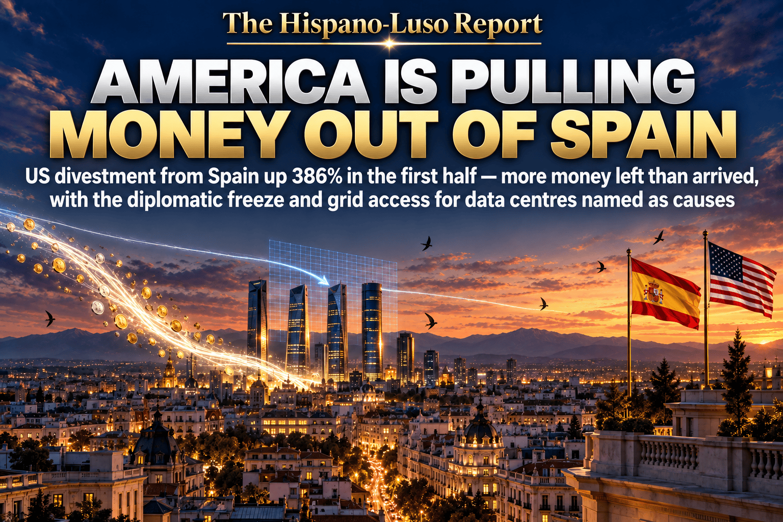 Illustration of Madrid's skyline at dusk with a thin silver thread of light arriving from the west and a wide river of light and coins rising away over the mountains, a faint blue grid hanging over the towers, Spanish and US flags on a terrace — US divestment from Spain 2026, The Hispano-Luso Report