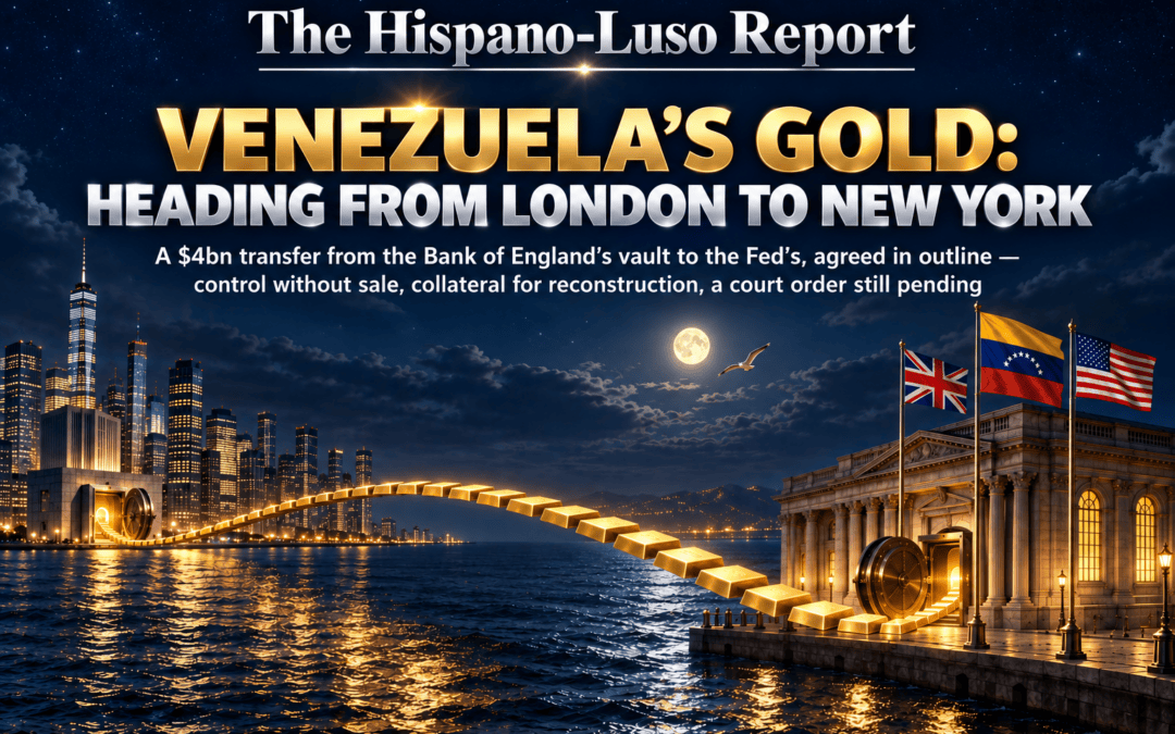 Illustration of a bridge of glowing gold bars arcing across a night ocean from a classical stone bank vault to a modern waterfront tower's vault, Venezuelan, Union and US flags on the quay — Venezuela gold transfer Bank of England to New York Fed, The Hispano-Luso Report