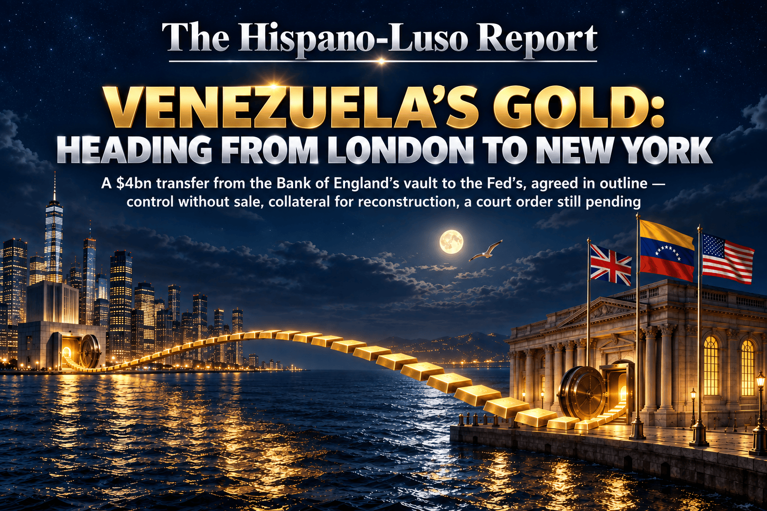 Illustration of a bridge of glowing gold bars arcing across a night ocean from a classical stone bank vault to a modern waterfront tower's vault, Venezuelan, Union and US flags on the quay — Venezuela gold transfer Bank of England to New York Fed, The Hispano-Luso Report